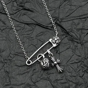 S925 Sterling Silver, Retro and Old Peach Heart Cross Pin Necklace, European and American Men's and Women's Personalities