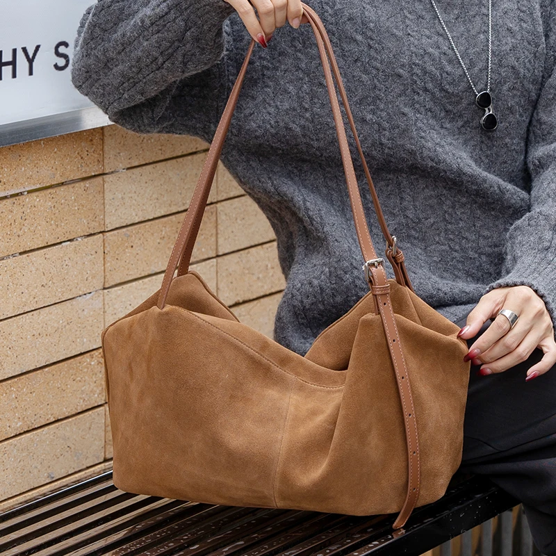 Women's Suede Cow Genuine Leather Shoulder Bags Ladies Soft Cowhide Crossbody Bag Female Design Luxury Lazy Commuting Handbag - Image 2